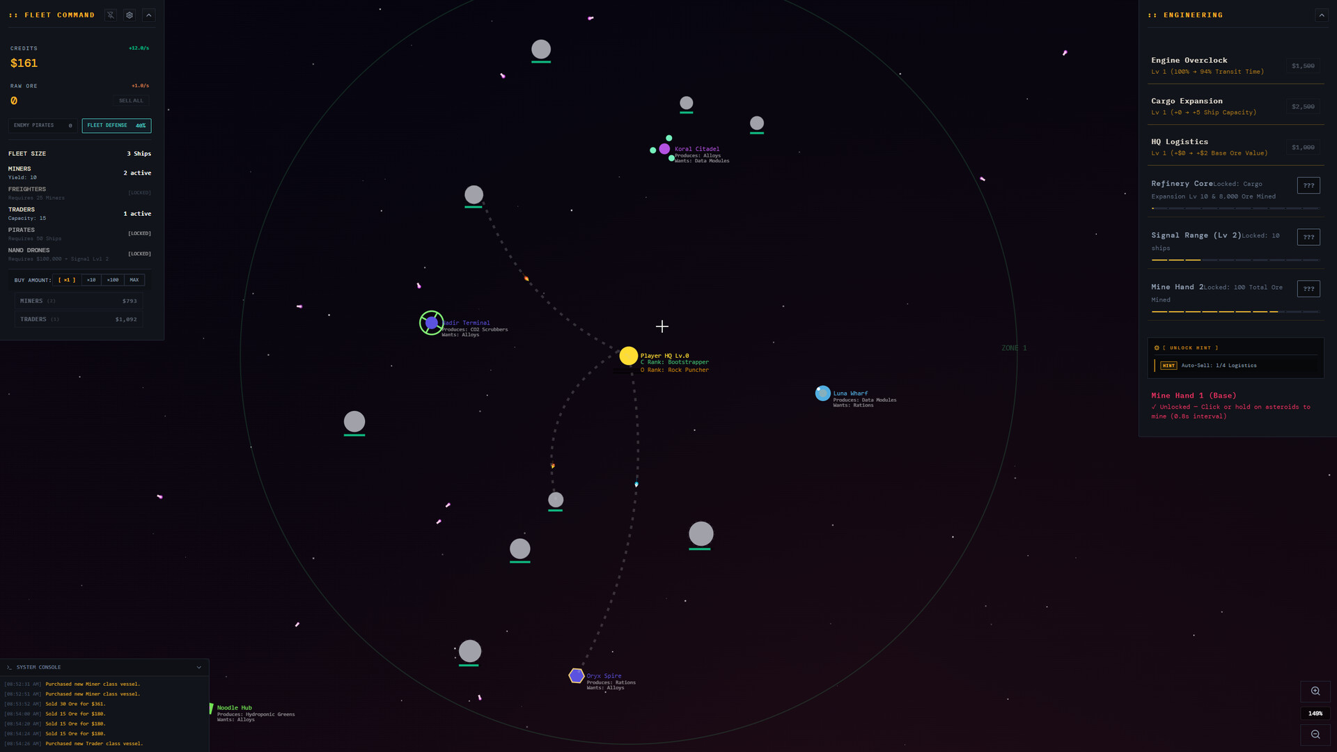 Desk Space gameplay: a spacefleet mining asteroids.