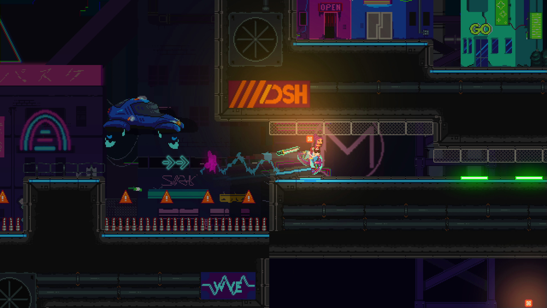 Velocity Noodle gameplay: dashing through a trap-filled level.