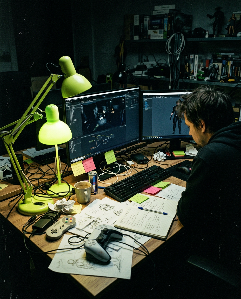 A cluttered indie game studio desk at night with sketches, controllers and glowing monitors.